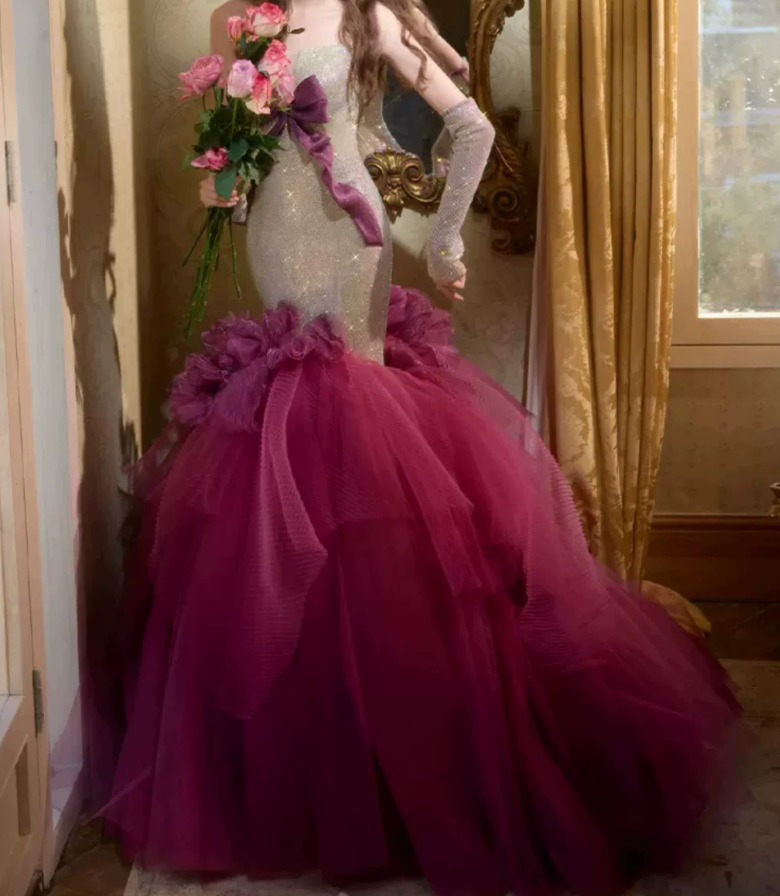 Robe de bal de princesse bustier à volants en satin long, robe de soirée C8117