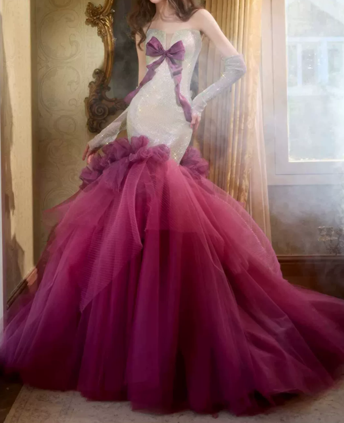 Robe de bal de princesse bustier à volants en satin long, robe de soirée C8117
