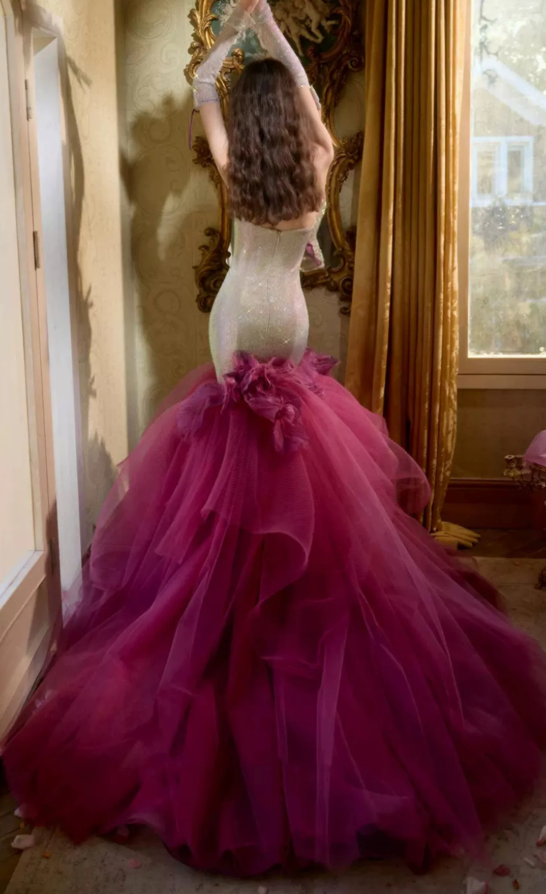 Robe de bal de princesse bustier à volants en satin long, robe de soirée C8117