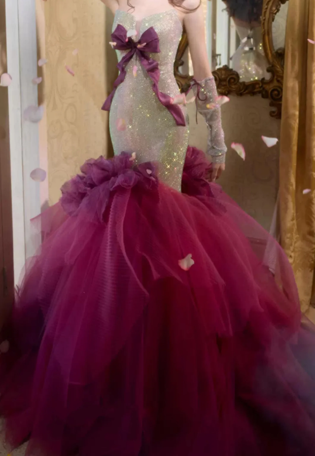 Robe de bal de princesse bustier à volants en satin long, robe de soirée C8117
