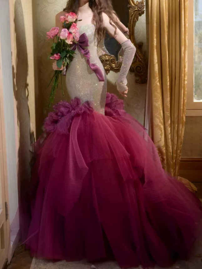 Robe de bal de princesse bustier à volants en satin long, robe de soirée C8117