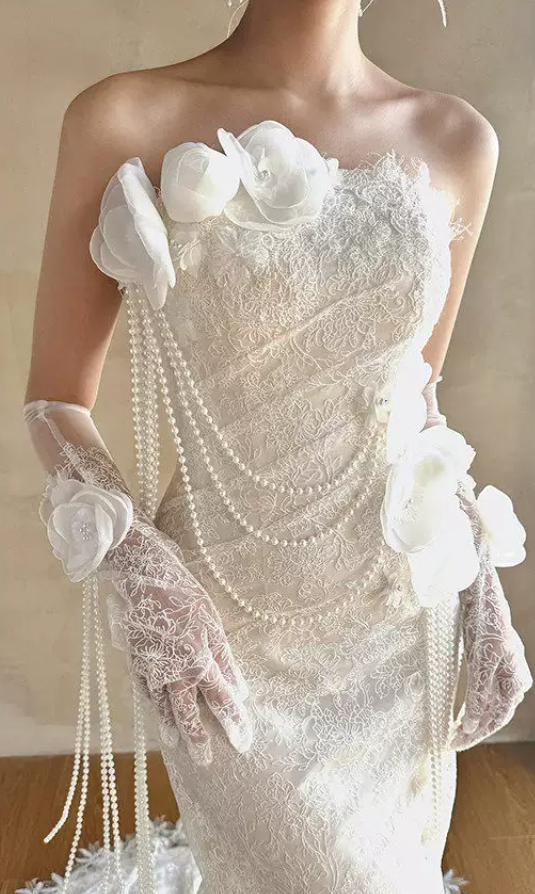 Superbe robe de mariée sirène bustier en satin et tulle, longue et en dentelle, C4563