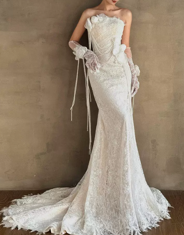 Superbe robe de mariée sirène bustier en satin et tulle, longue et en dentelle, C4563