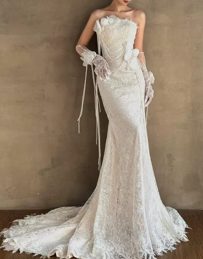 Superbe robe de mariée sirène bustier en satin et tulle, longue et en dentelle, C4563