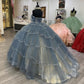 Luxurious Blue Ball Gown Sequins Beaded Quinceanera Dresses Tiered Tulle Sweet 16 Dresses D0801