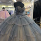 Luxurious Blue Ball Gown Sequins Beaded Quinceanera Dresses Tiered Tulle Sweet 16 Dresses D0801