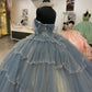 Luxurious Blue Ball Gown Sequins Beaded Quinceanera Dresses Tiered Tulle Sweet 16 Dresses D0801