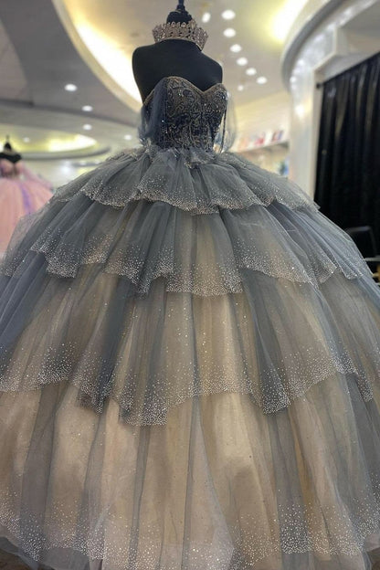 Luxurious Blue Ball Gown Sequins Beaded Quinceanera Dresses Tiered Tulle Sweet 16 Dresses D0801