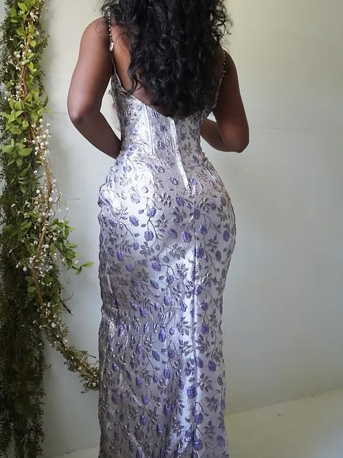 Graceful Spaghetti Straps Prom Dress Purple Floral Mermaid Evening Dress D0804