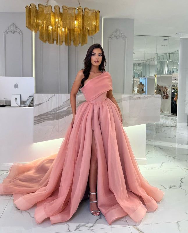 Trendy One Shoulder Prom Dress Slit Tulle A-Line Evening Dress D0806