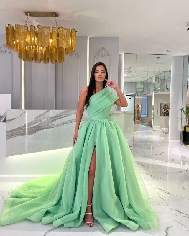 Trendy One Shoulder Prom Dress Slit Tulle A-Line Evening Dress D0806