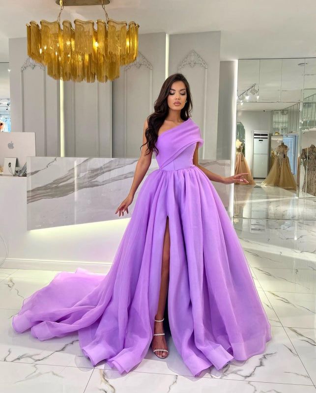 Trendy One Shoulder Prom Dress Slit Tulle A-Line Evening Dress D0806