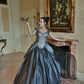 Retro Square Neck Appliques Prom Dress Blue Satin Lace A-Line Evening Dress D0807