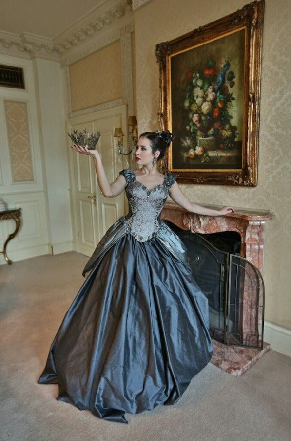 Retro Square Neck Appliques Prom Dress Blue Satin Lace A-Line Evening Dress D0807