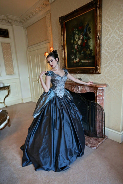 Retro Square Neck Appliques Prom Dress Blue Satin Lace A-Line Evening Dress D0807