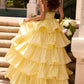 Cute Strapless Beaded Prom Dress Yellow Tiered A-Line Evening Dress D0808