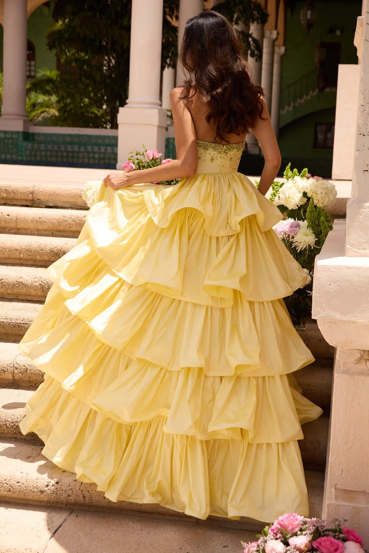 Cute Strapless Beaded Prom Dress Yellow Tiered A-Line Evening Dress D0808