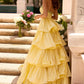 Cute Strapless Beaded Prom Dress Yellow Tiered A-Line Evening Dress D0808