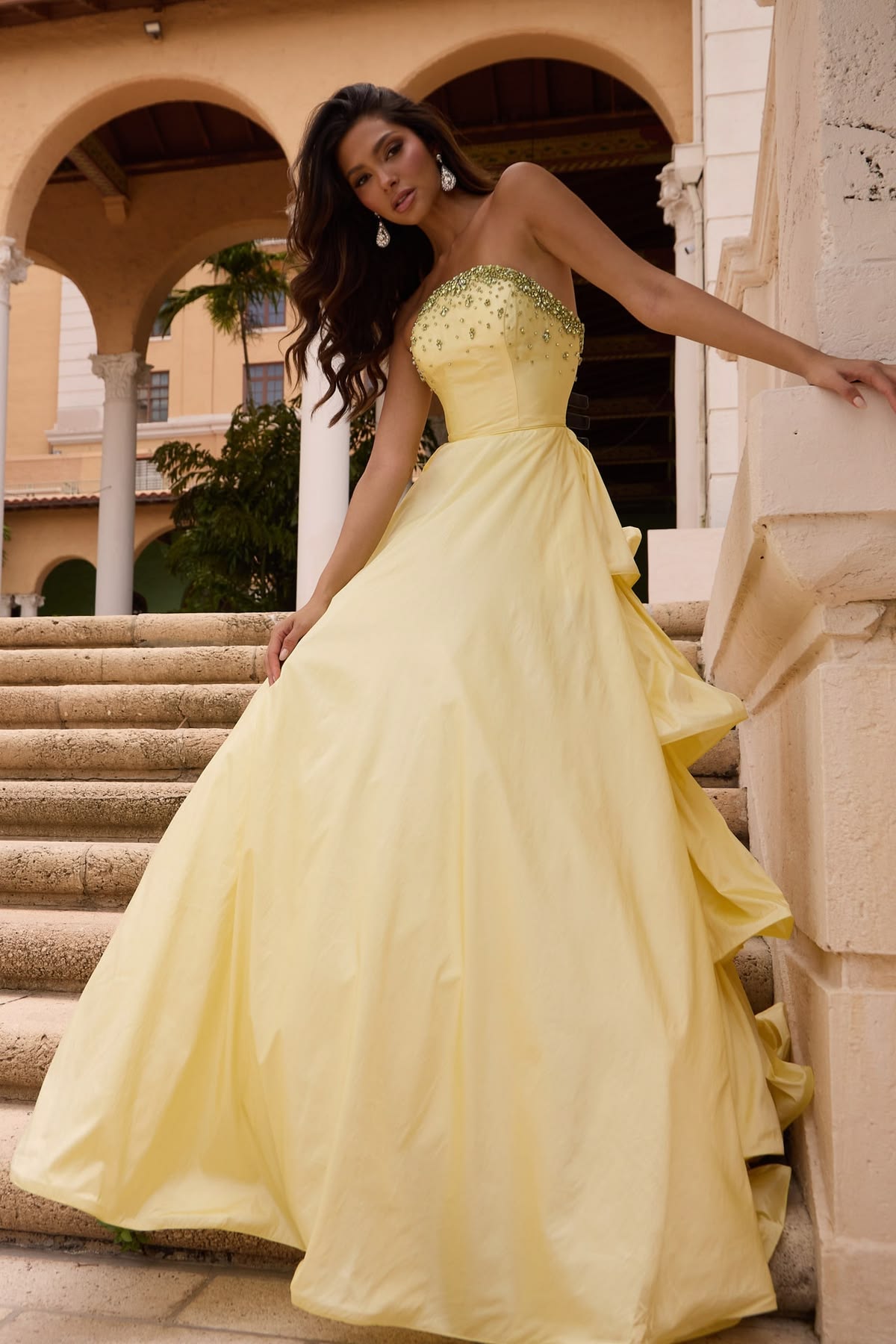 Cute Strapless Beaded Prom Dress Yellow Tiered A-Line Evening Dress D0808
