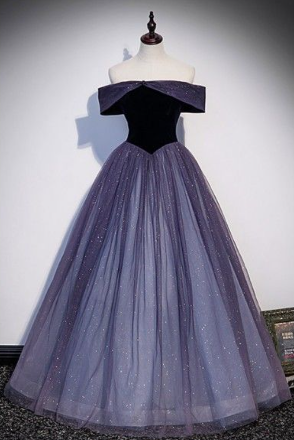 Sparkling Off The Shoulder Prom Dress Purple Sequins Tulle A-Line Evening Dress D0809