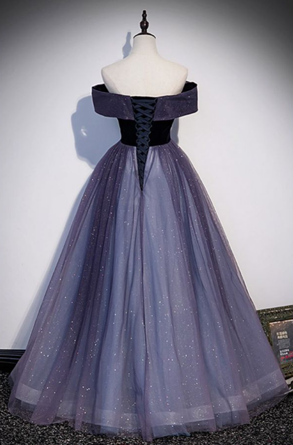 Sparkling Off The Shoulder Prom Dress Purple Sequins Tulle A-Line Evening Dress D0809