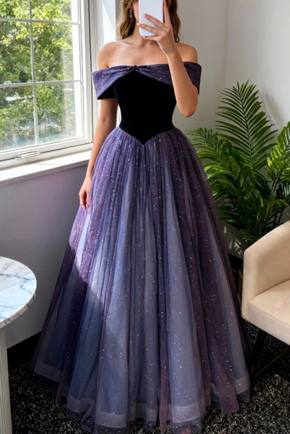 Sparkling Off The Shoulder Prom Dress Purple Sequins Tulle A-Line Evening Dress D0809