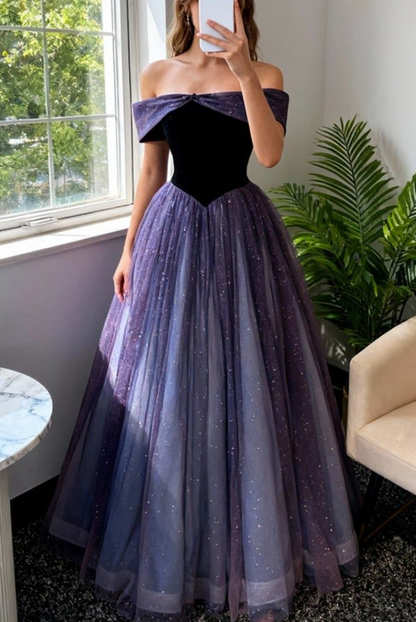 Sparkling Off The Shoulder Prom Dress Purple Sequins Tulle A-Line Evening Dress D0809