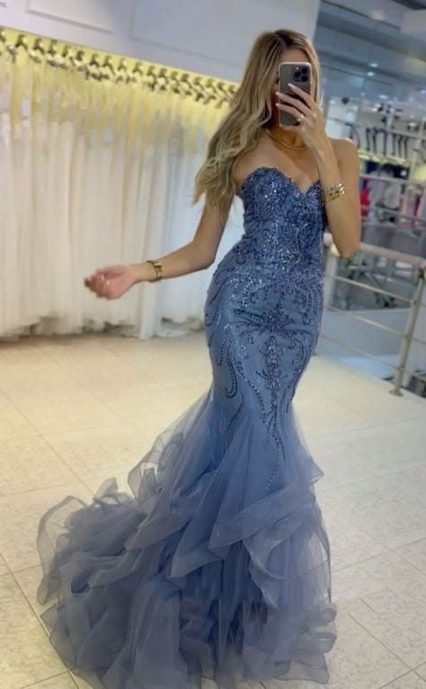 Attractive Strapless Sequins Prom Dress Blue Ruffled Tulle Mermaid Evening Dress D0810