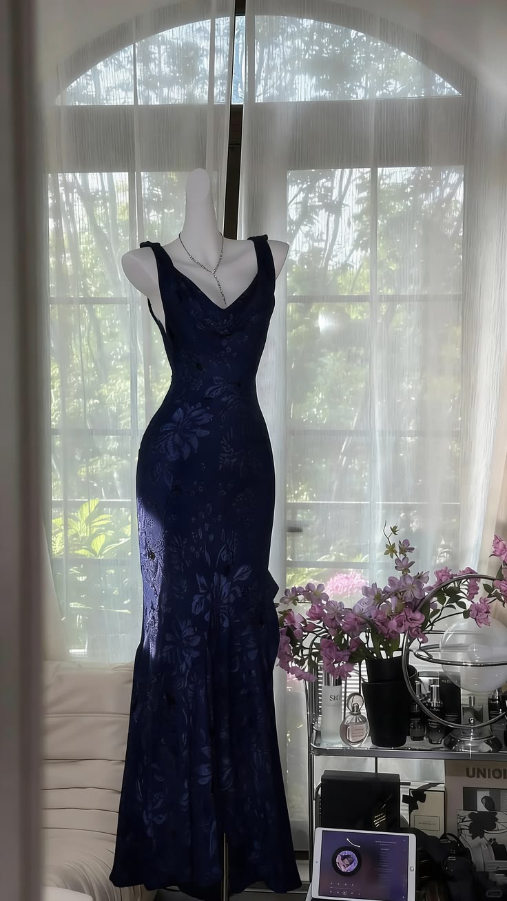Playful Draped Collar Prom Dress Floral Mermaid Evening Dress D0818