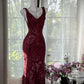 Playful Draped Collar Prom Dress Floral Mermaid Evening Dress D0818