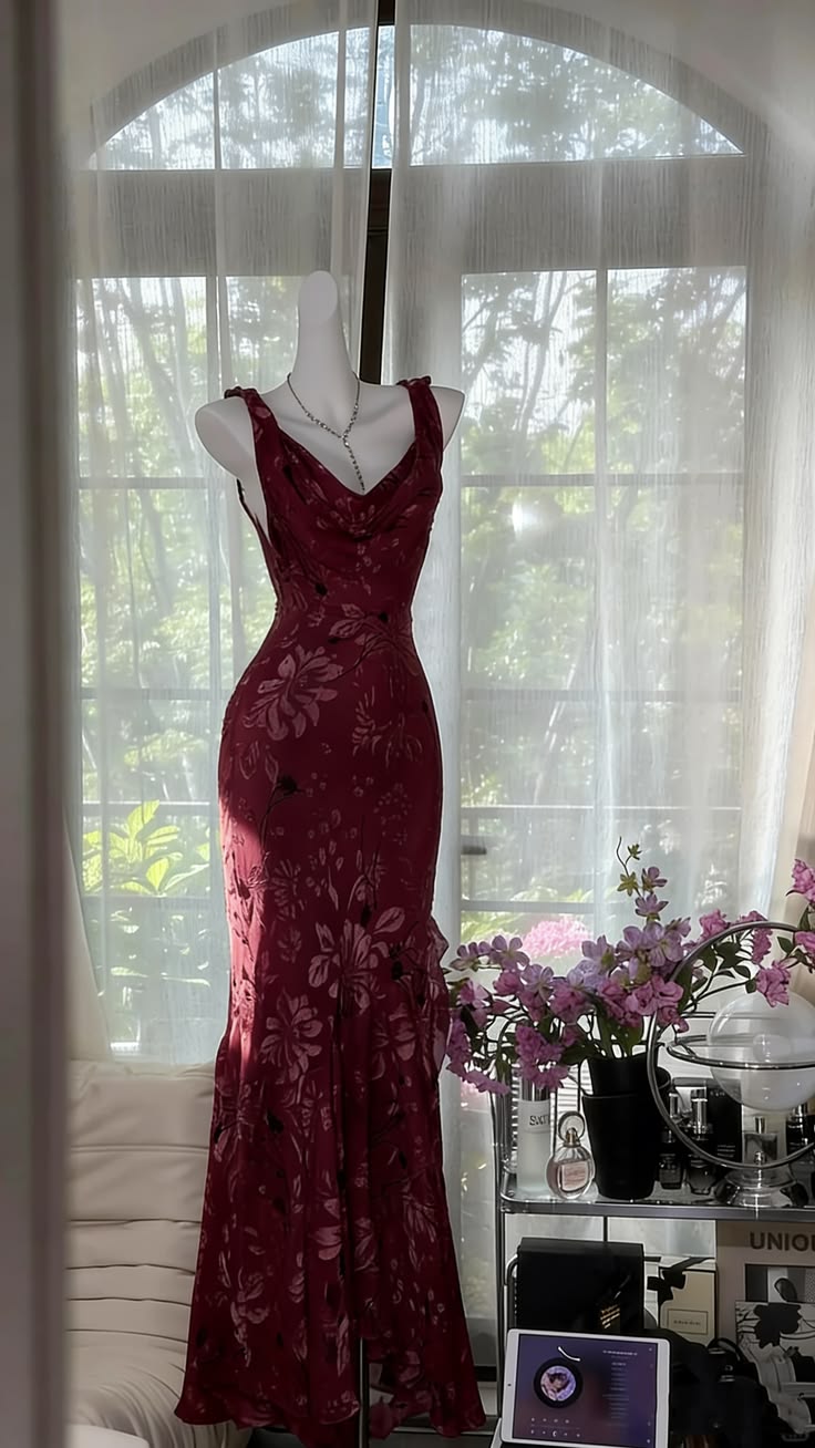 Playful Draped Collar Prom Dress Floral Mermaid Evening Dress D0818