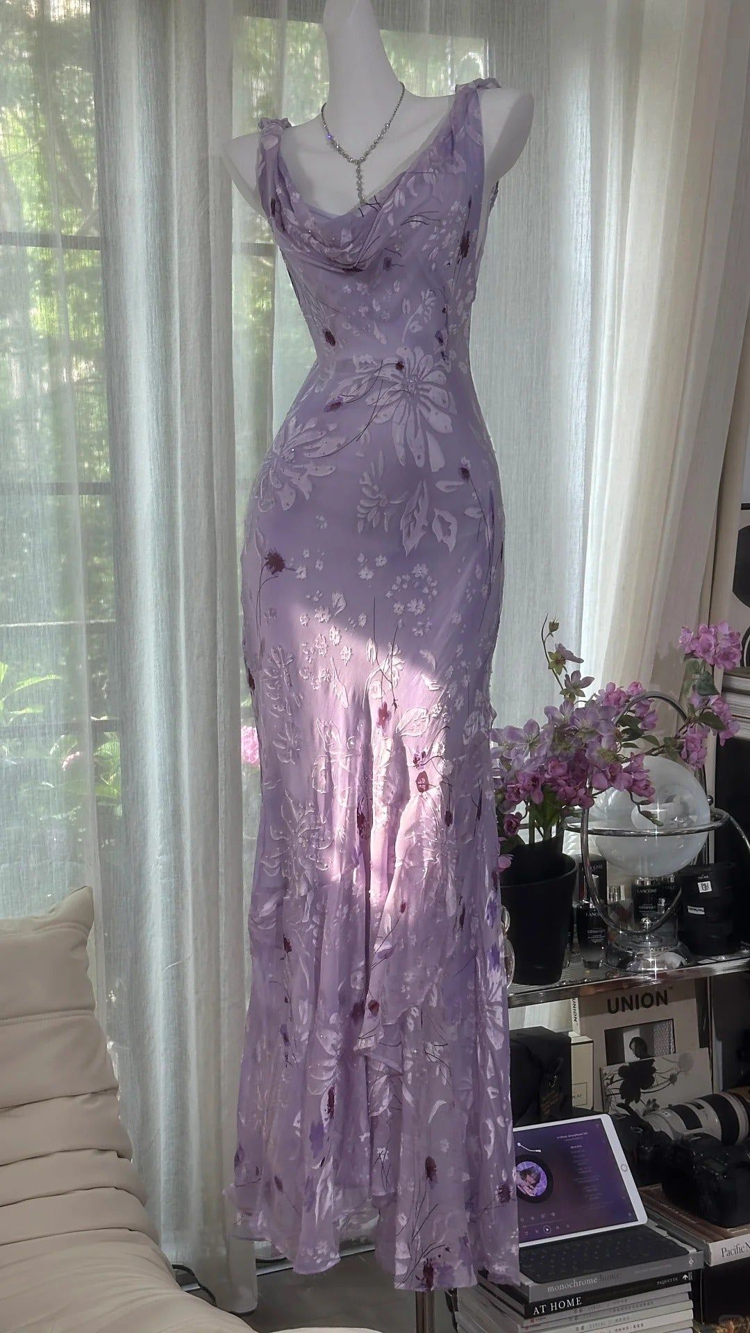 Playful Draped Collar Prom Dress Floral Mermaid Evening Dress D0818