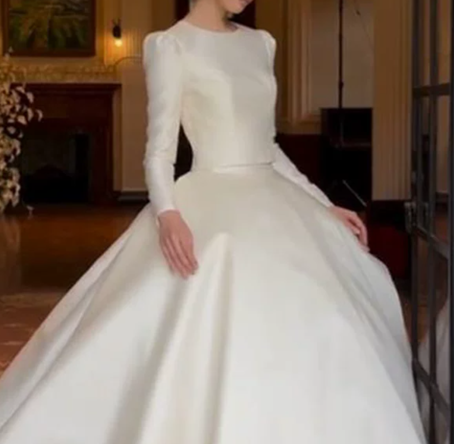 Vintage Jewel Neck Wedding Dresses Long Sleeve Satin A-Line Bridal Dress D0821