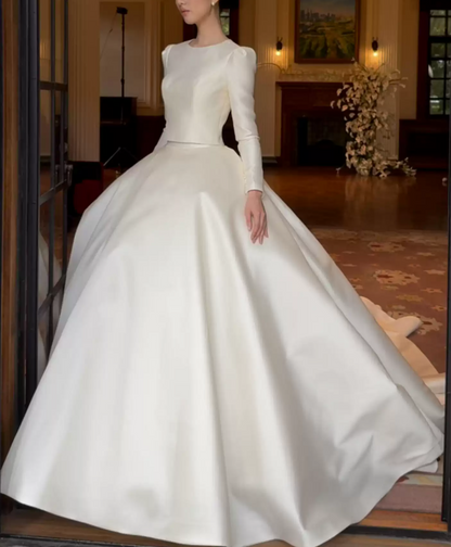 Vintage Jewel Neck Wedding Dresses Long Sleeve Satin A-Line Bridal Dress D0821