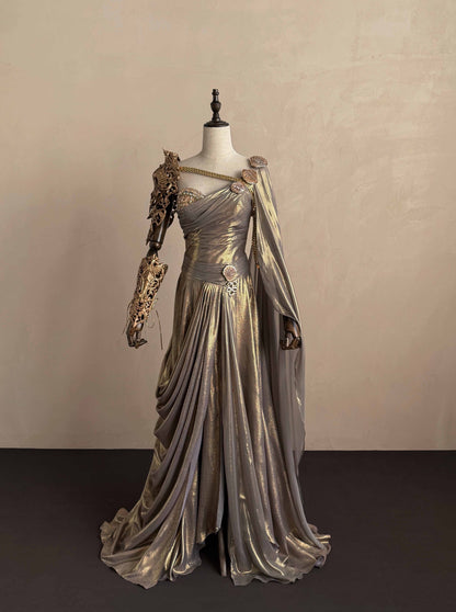 Ornate One Shoulder Prom Dress Beading Slit A-Line Evening Dress D0822