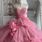 Cute Strapless Ball Gown Pink Flowers Quinceanera Dresses Tulle Sweet 16 Dresses D0824