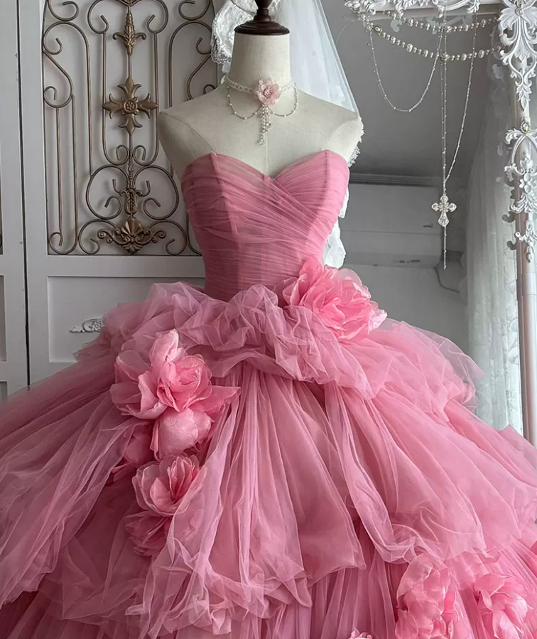 Cute Strapless Ball Gown Pink Flowers Quinceanera Dresses Tulle Sweet 16 Dresses D0824