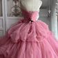 Cute Strapless Ball Gown Pink Flowers Quinceanera Dresses Tulle Sweet 16 Dresses D0824