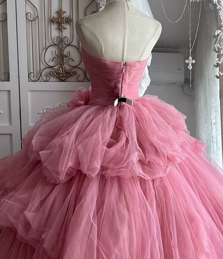 Cute Strapless Ball Gown Pink Flowers Quinceanera Dresses Tulle Sweet 16 Dresses D0824
