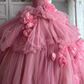 Cute Strapless Ball Gown Pink Flowers Quinceanera Dresses Tulle Sweet 16 Dresses D0824