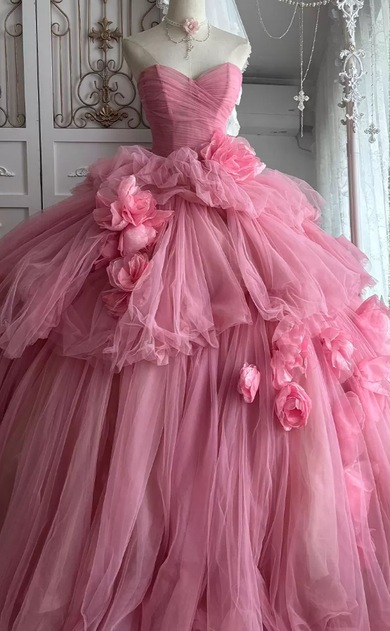 Cute Strapless Ball Gown Pink Flowers Quinceanera Dresses Tulle Sweet 16 Dresses D0824