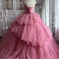 Cute Strapless Ball Gown Pink Flowers Quinceanera Dresses Tulle Sweet 16 Dresses D0824