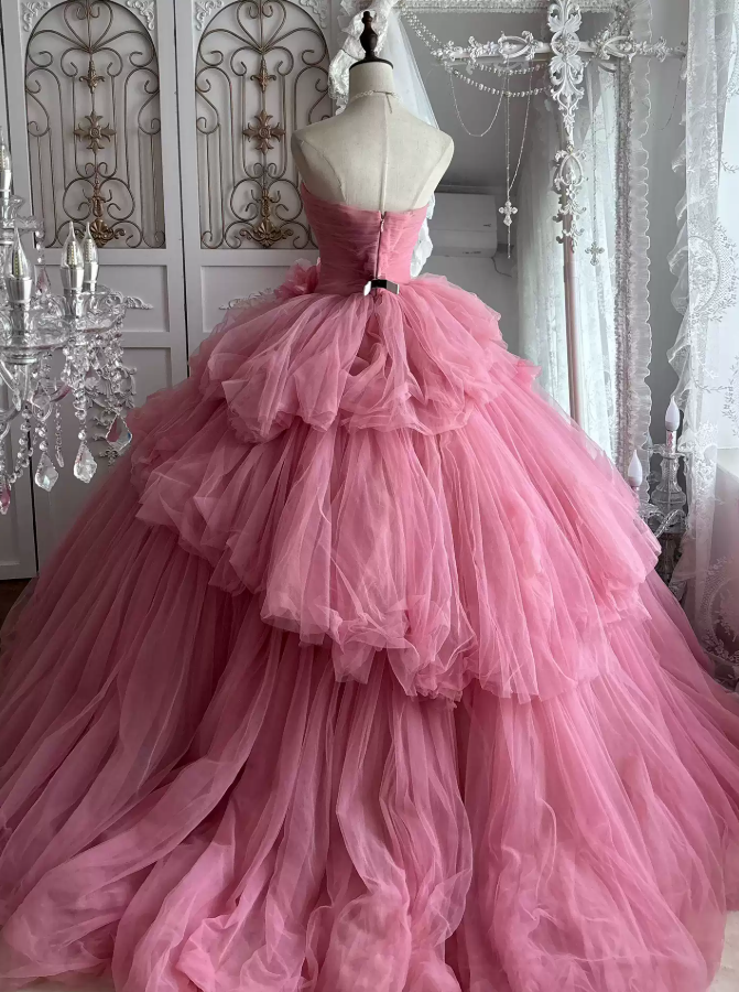 Cute Strapless Ball Gown Pink Flowers Quinceanera Dresses Tulle Sweet 16 Dresses D0824