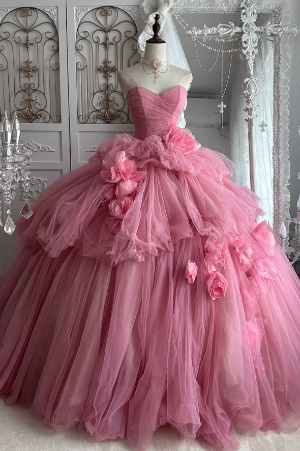 Cute Strapless Ball Gown Pink Flowers Quinceanera Dresses Tulle Sweet 16 Dresses D0824