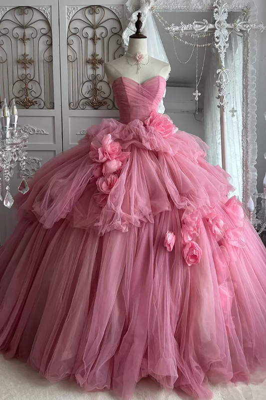 Cute Strapless Ball Gown Pink Flowers Quinceanera Dresses Tulle Sweet 16 Dresses D0824