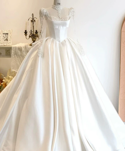 Elegant Square Neck Beaded Wedding Dresses Long Sleeve Satin A-Line Bridal Dress D0825