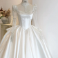 Elegant Square Neck Beaded Wedding Dresses Long Sleeve Satin A-Line Bridal Dress D0825