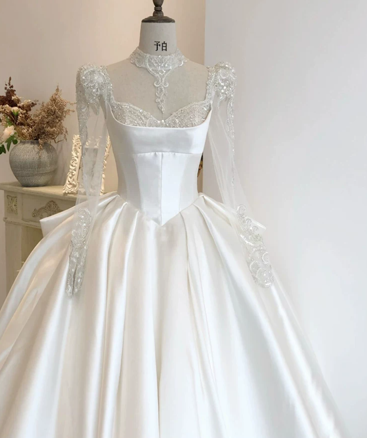 Elegant Square Neck Beaded Wedding Dresses Long Sleeve Satin A-Line Bridal Dress D0825