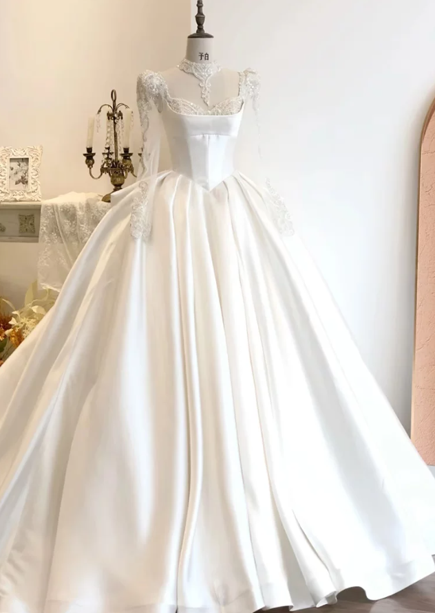 Elegant Square Neck Beaded Wedding Dresses Long Sleeve Satin A-Line Bridal Dress D0825