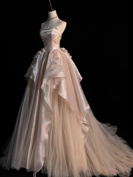 Vintage A line Strapless Long Pink Blush Pink Prom Dresses D082